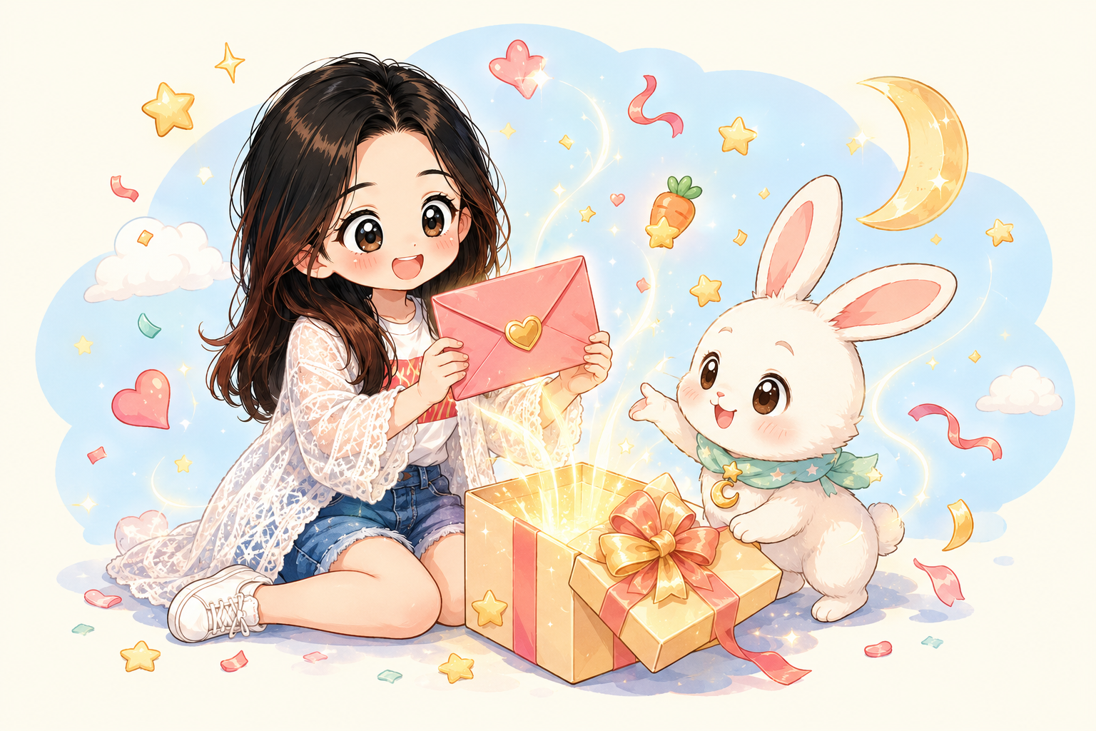 女孩和生日月兔一起打开礼物，接住生日信封